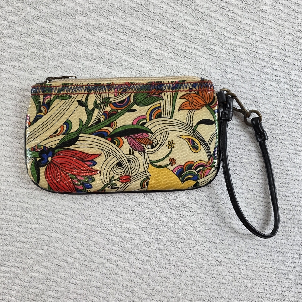 Coated Canvas Floral Wristlet with Black Strap 8x5